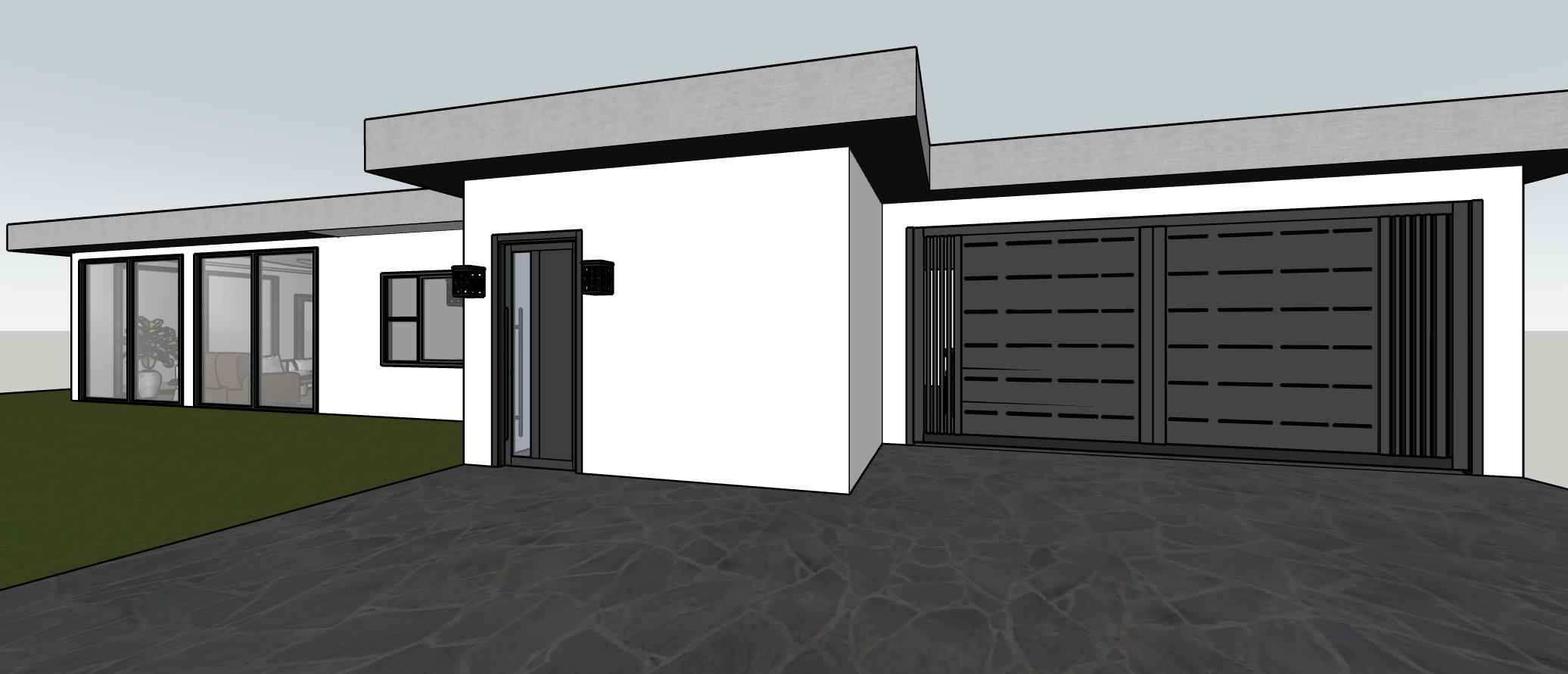 Modern house with a white exterior, large glass sliding doors, a small window, a front door with black trim, and an attached garage with a black door, gray stone driveway, and a small patch of green grass