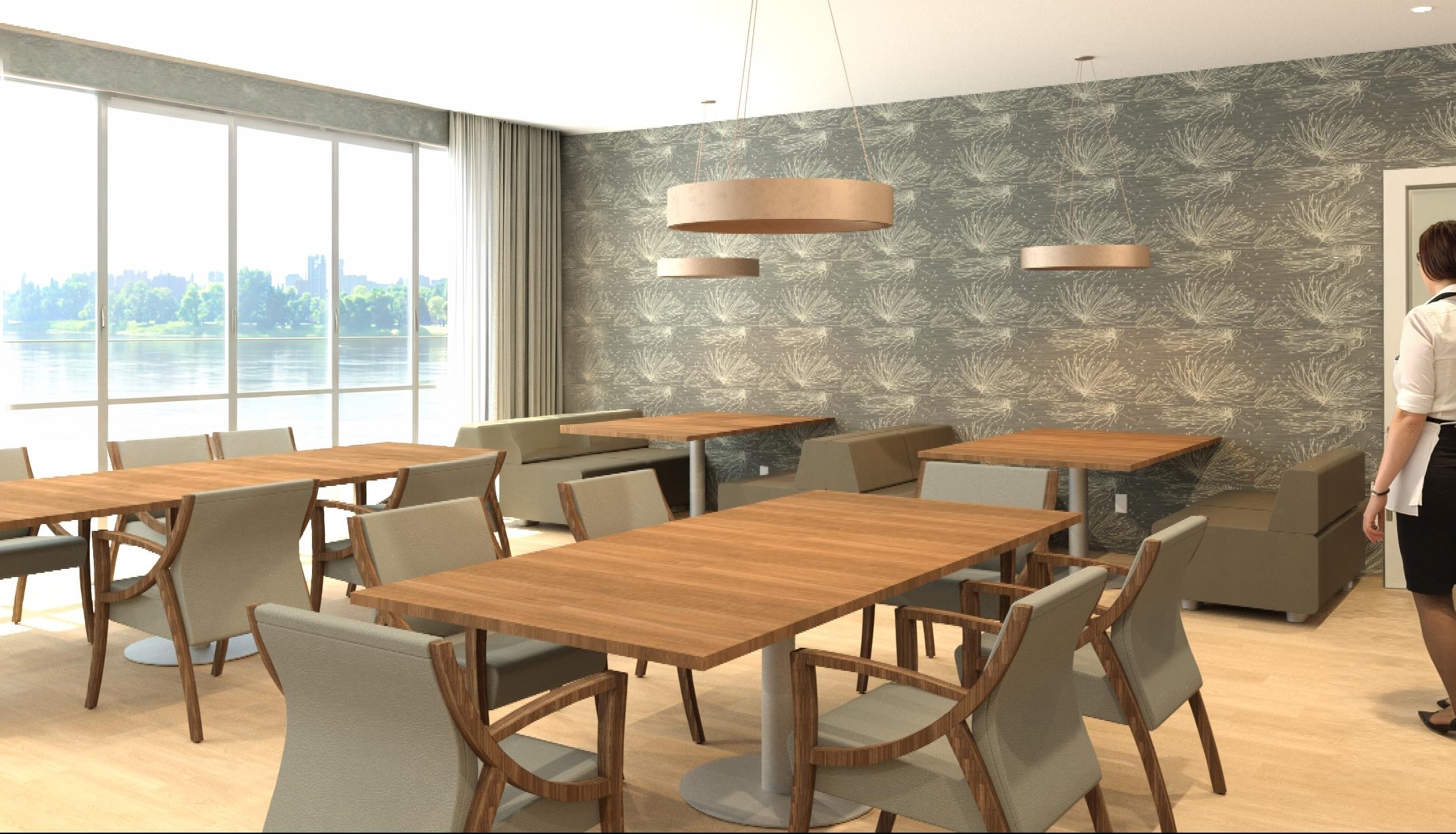 Modern dining area with large windows overlooking a river and city skyline, featuring wooden tables, beige chairs, and contemporary hanging pendant lights.