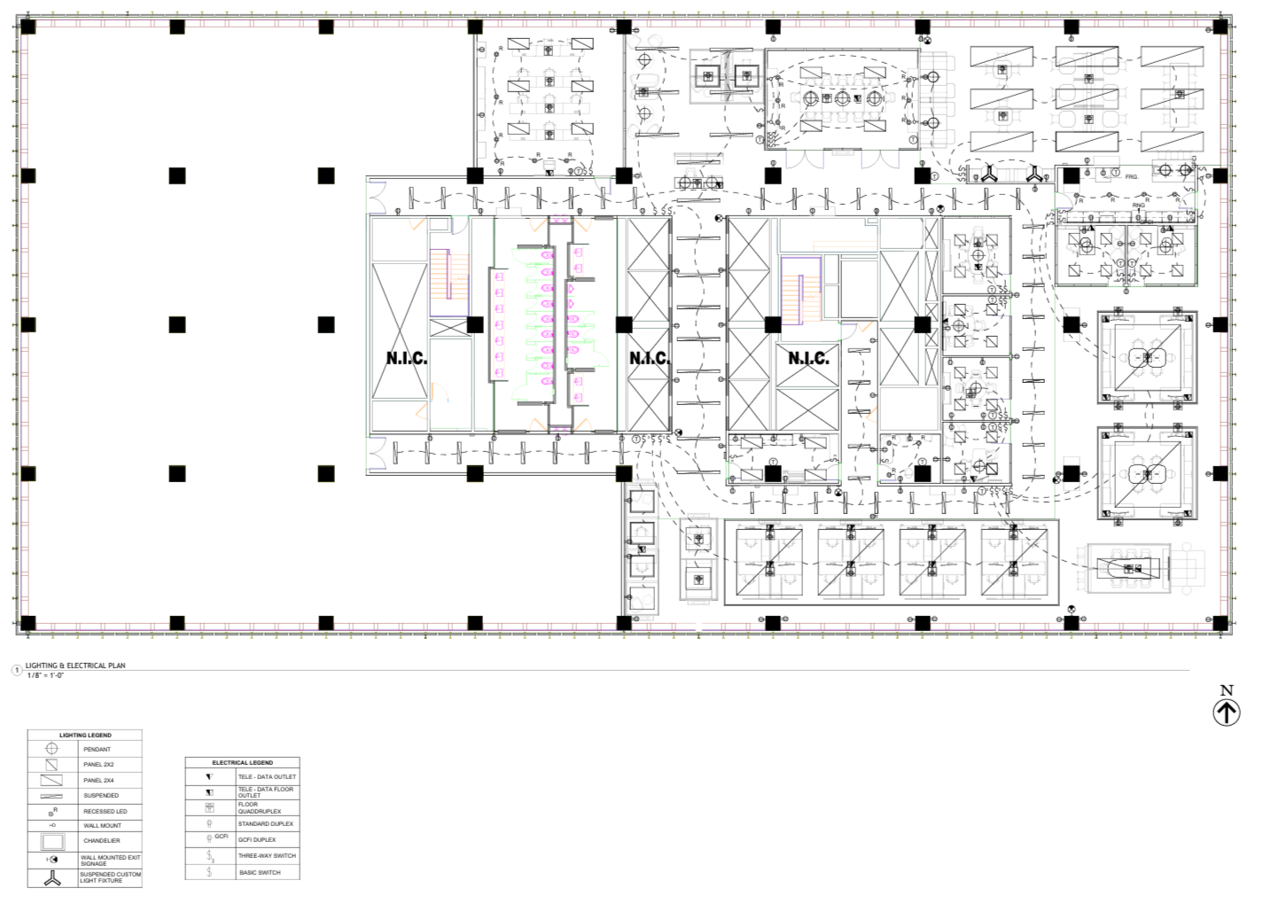Architectural electrical and lighting plan for a building floor, showing rooms, electrical wiring, lighting fixtures, and legends for electrical symbols.