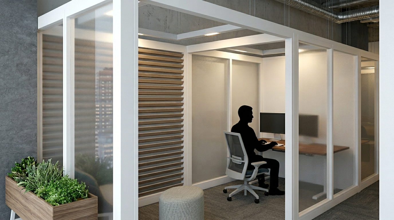 Silhouette of a person working at a computer in a modern enclosed office space with frosted glass walls.