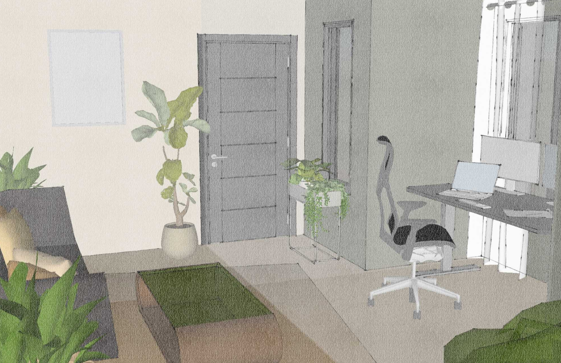 A modern home office with potted plants, a desk with a computer, a rolling chair, and a window with curtains.