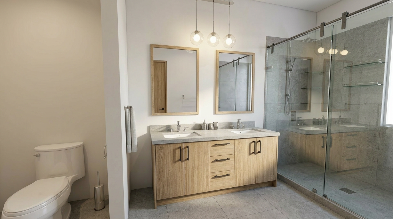 Modern bathroom featuring a double vanity with two mirrors, a glass walk-in shower, and a toilet with a toilet brush holder.