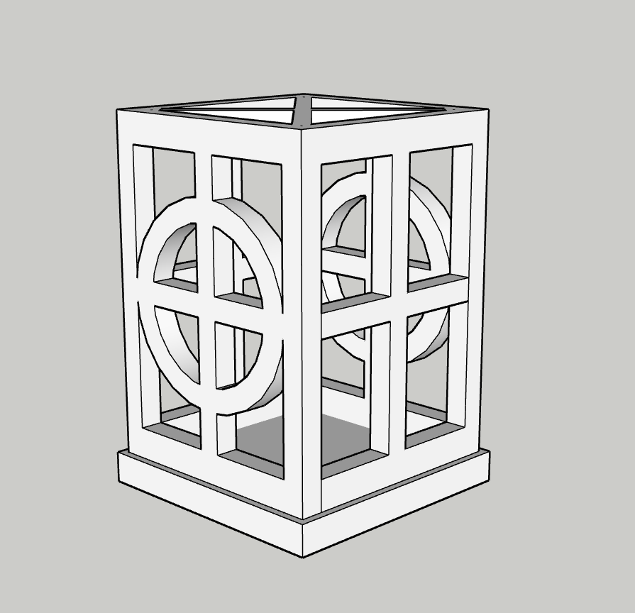A white decorative lantern with circular cutouts, standing on a gray surface against a light gray background.