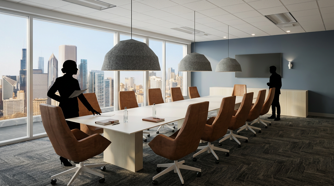 Rendering of a modern corporate conference room with a long white table, brown chairs, large windows with a city skyline view, and two silhouettes of people, one woman on the left and one man on the right.