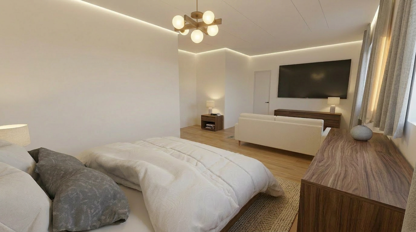 A modern minimalistic bedroom with a white bed, gray pillows, wooden furniture, a large flat-screen TV, a cream-colored sofa, and natural light coming through window curtains.