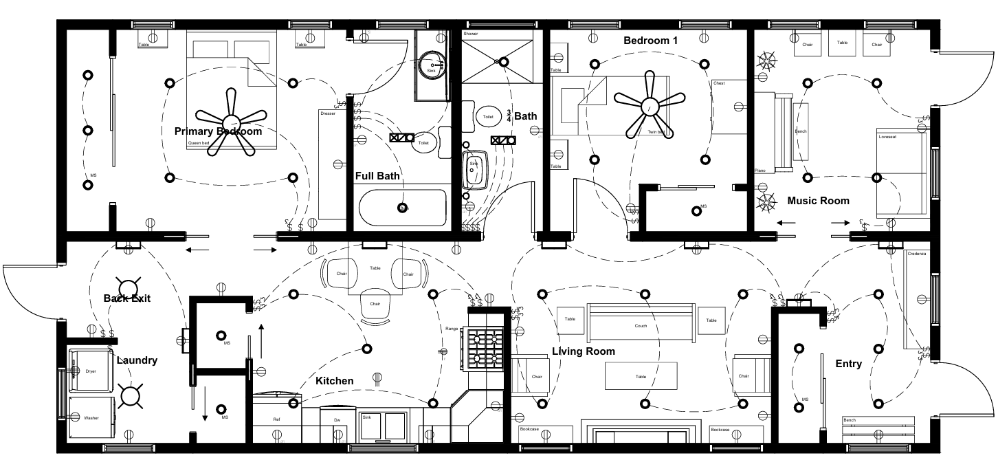 Floor plan of a house including an entry, living room, kitchen, laundry room, primary bedroom with attached full bath, a second bedroom with a bath, a music room, and various furniture and fixtures.
