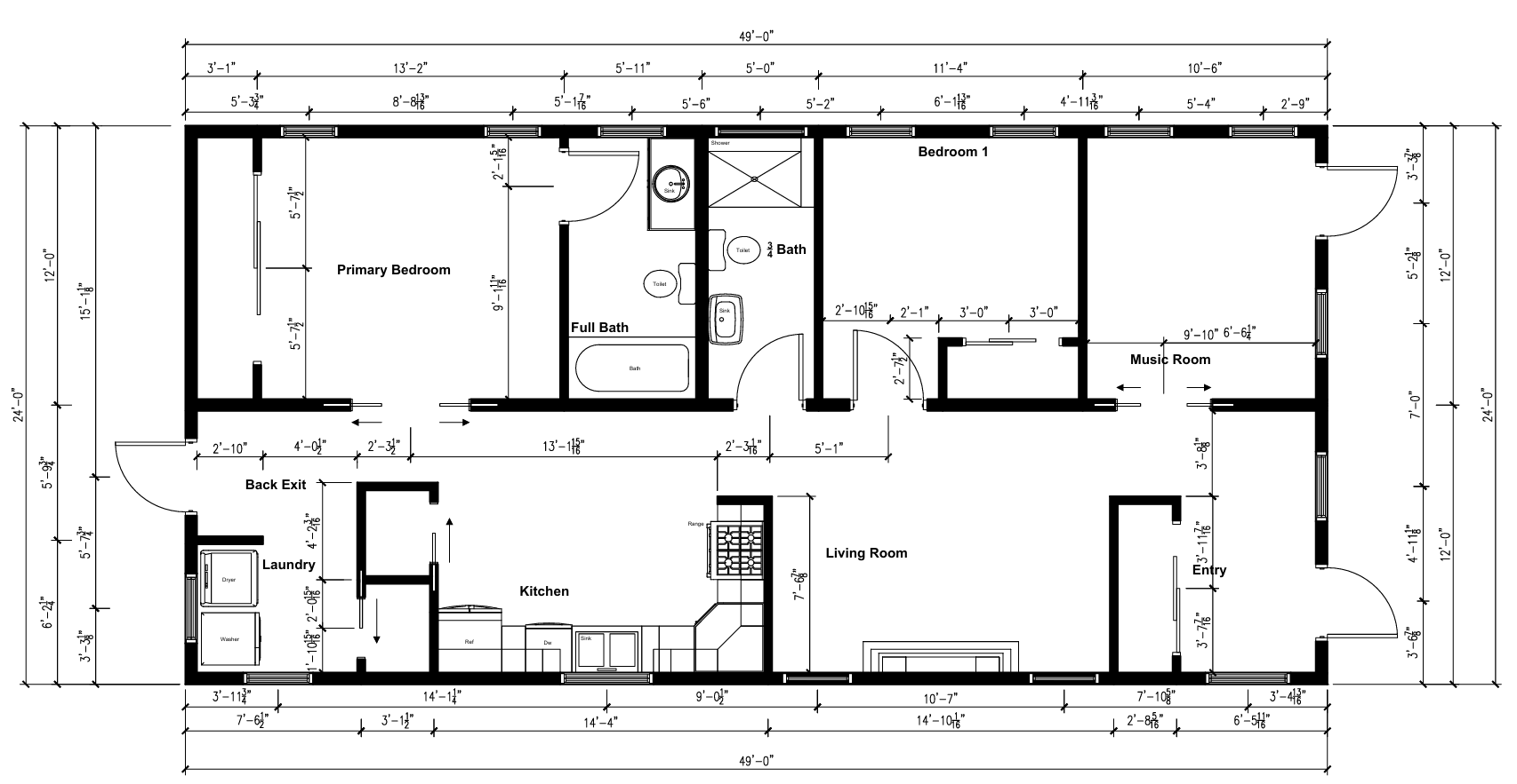 Floor plan of a house with rooms labeled: Primary Bedroom, Full Bath, Bath, Bedroom 1, Music Room, Living Room, Kitchen, Laundry, Entry, and Back Exit. Dimensions are provided for each room and walls, with door and window placements visible.