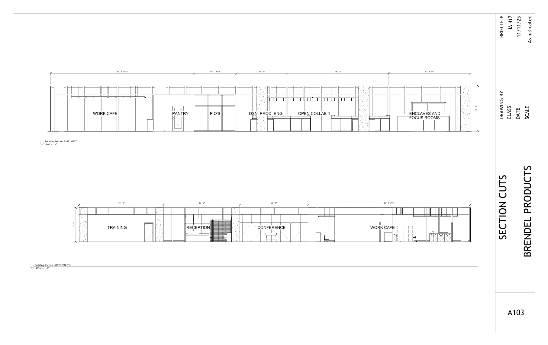 Architectural blueprint of a building floor plan showing labeled areas including work café, pantry, P.O.s, DSN production engineering, open collaboration space, enclosed and focus rooms, training, reception, conference area, and additional work cafes.
