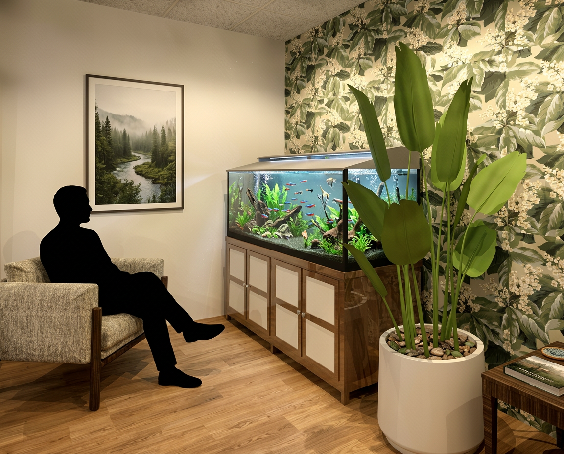 Silhouette of a person sitting on a beige couch in a room with a large fish tank, a framed nature picture on the wall, a large potted plant, and floral wallpaper.