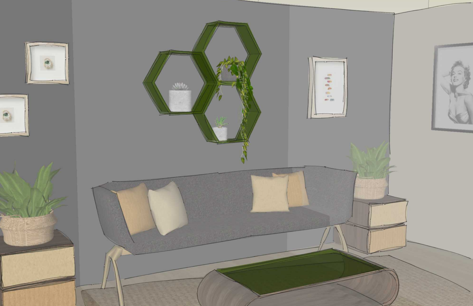 A living room with gray walls, a gray upholstered sofa with beige and white pillows, a wooden side table, potted plants, hanging green hexagonal shelves with plants and decor, framed artwork on the walls, and a wooden coffee table.