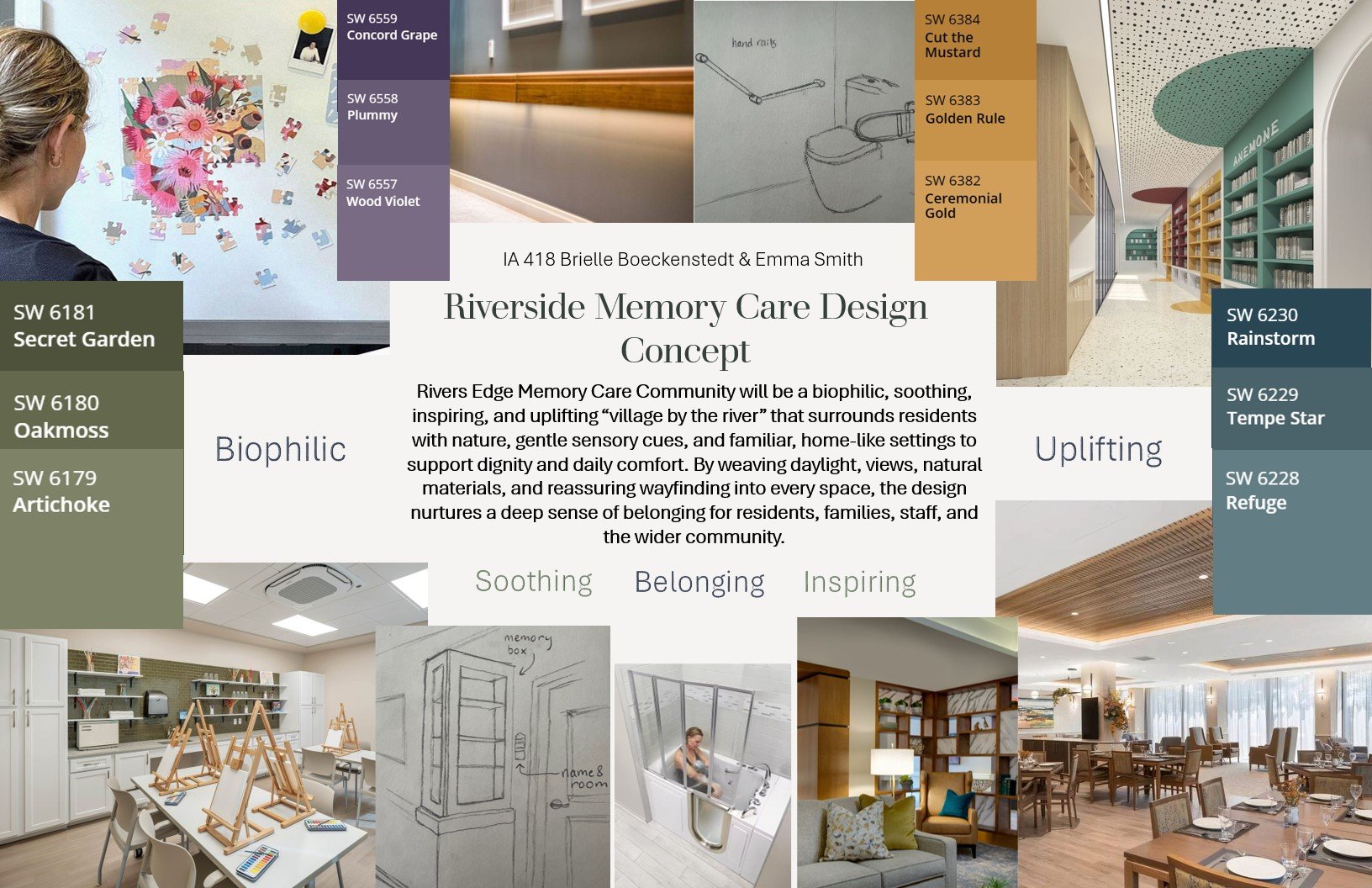 A design concept board for Riverside Memory Care Community showcasing interior decor samples, architectural sketches, and photographs of interior and exterior spaces, emphasizing themes of biophilic and uplifting environments with natural materials, cozy furnishings, and inviting communal areas.