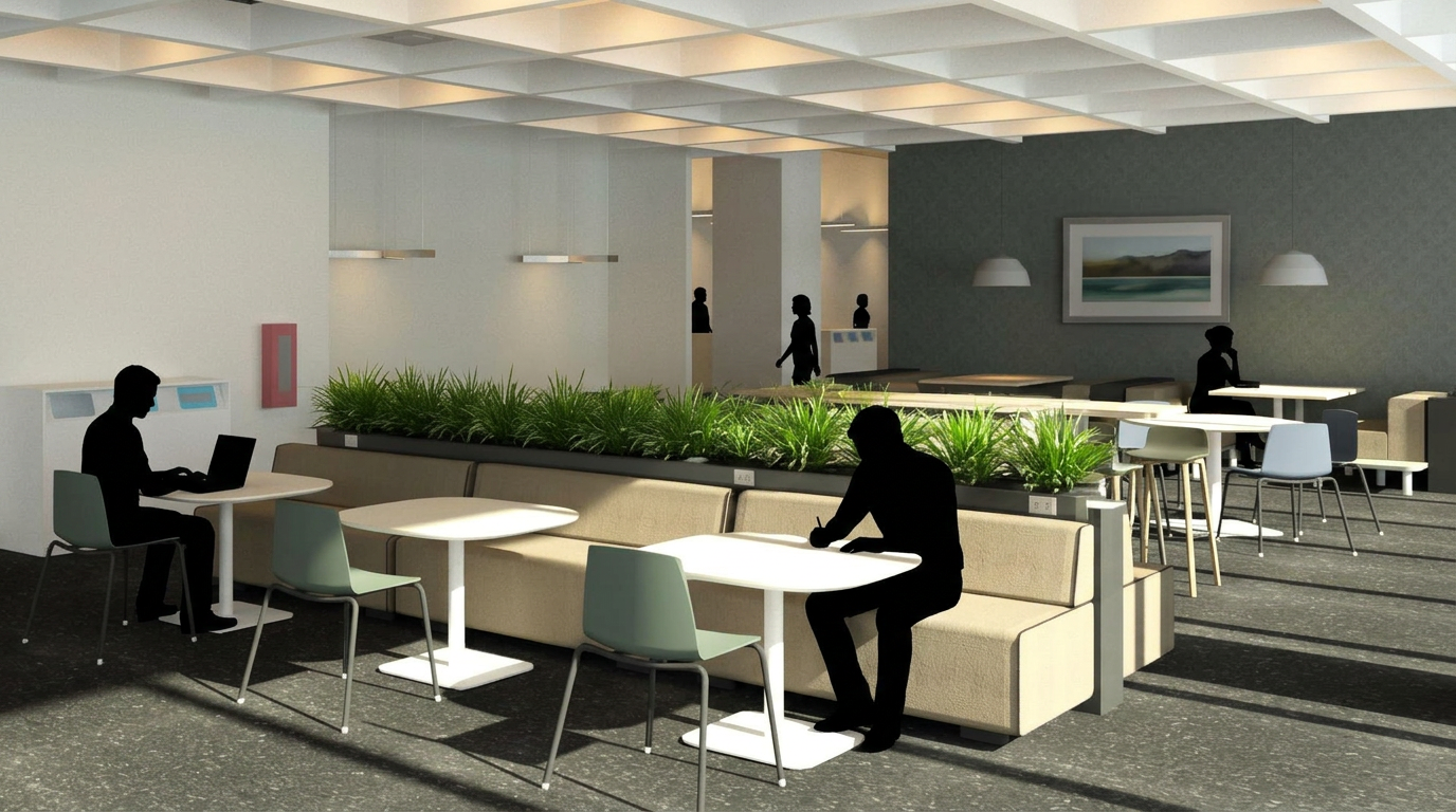 Modern office break room with seating area, green plants, pendant lighting, and silhouettes of people working on laptops and talking.
