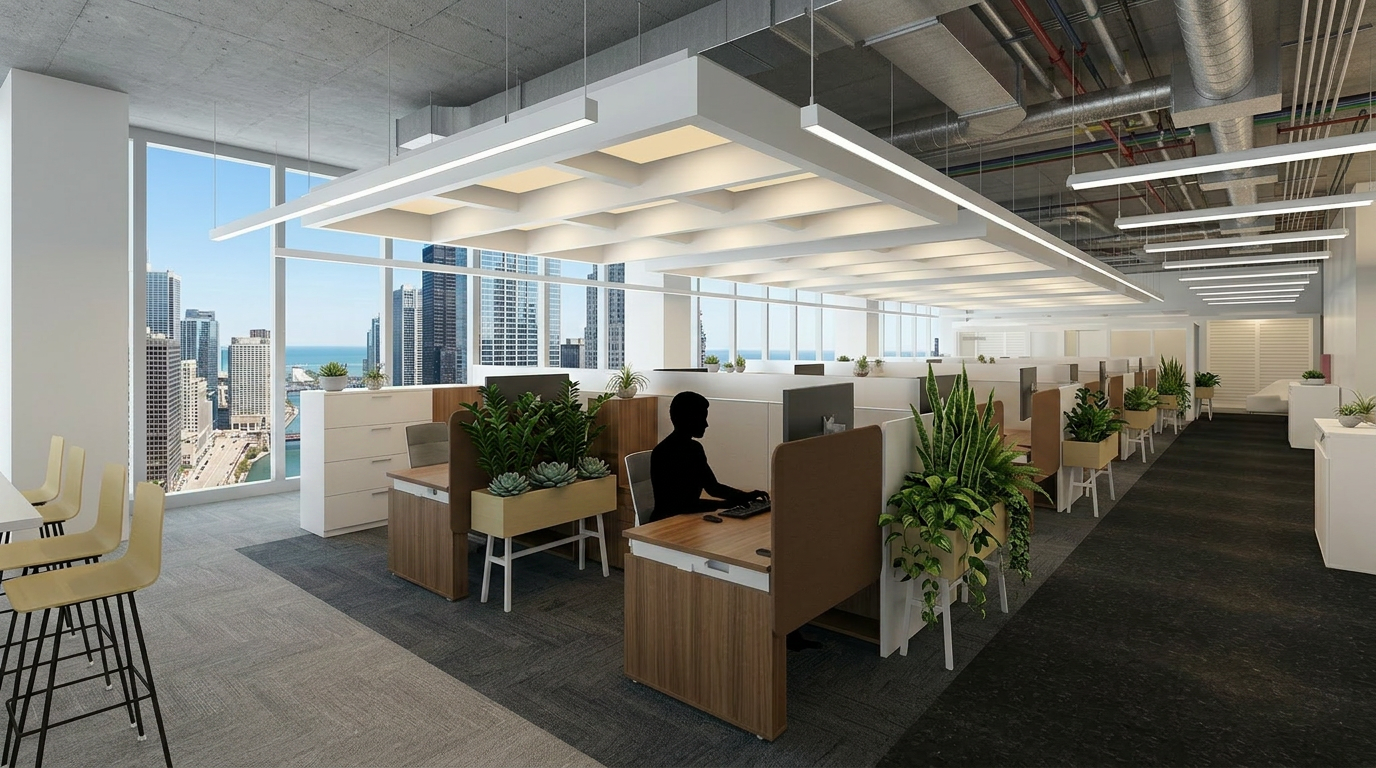 Modern office with workstations, large windows, plants, and city view.