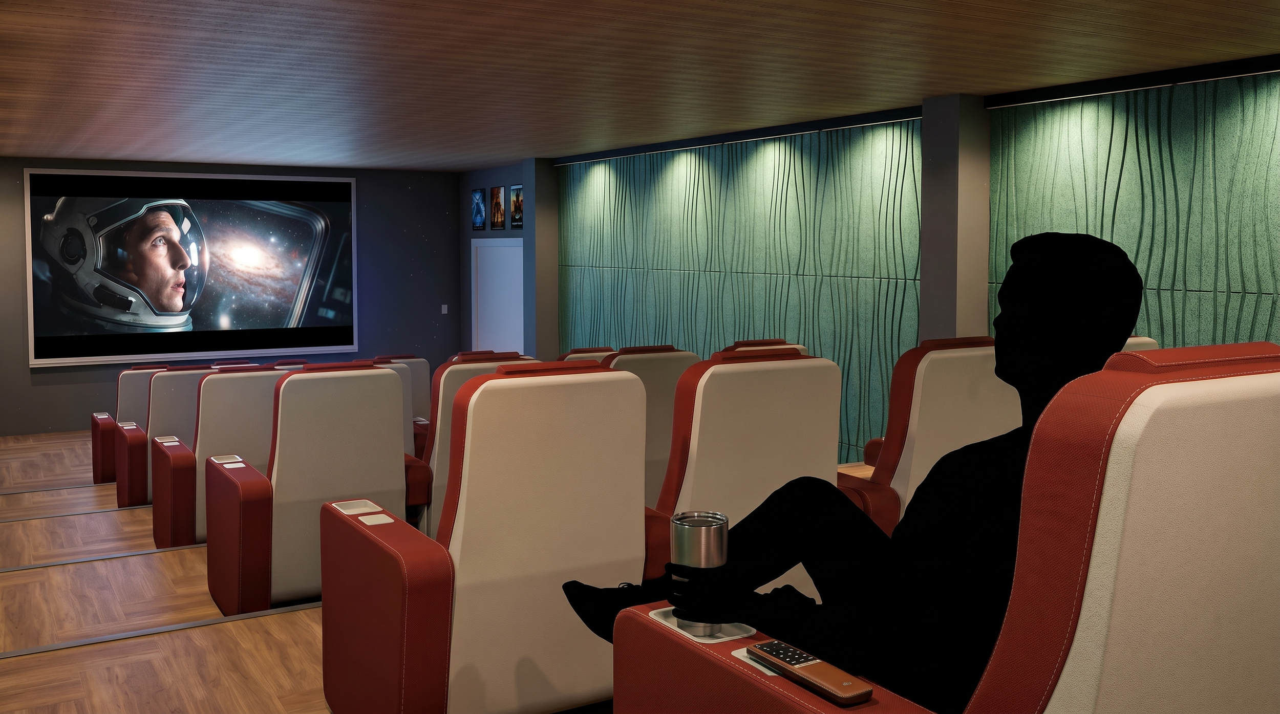 A person sitting in a movie theater watching a film featuring an astronaut with a galaxy in the background.