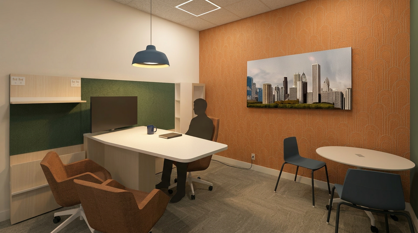 Office room with a man sitting at a white desk, a television mounted on the wall, a round table with three chairs, a modern cityscape photo on the wall, and a green accent wall.