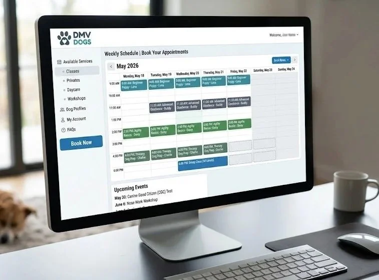 Computer monitor displaying a weekly schedule for DMV Dogs with various appointment times and upcoming events in May and June 2026.