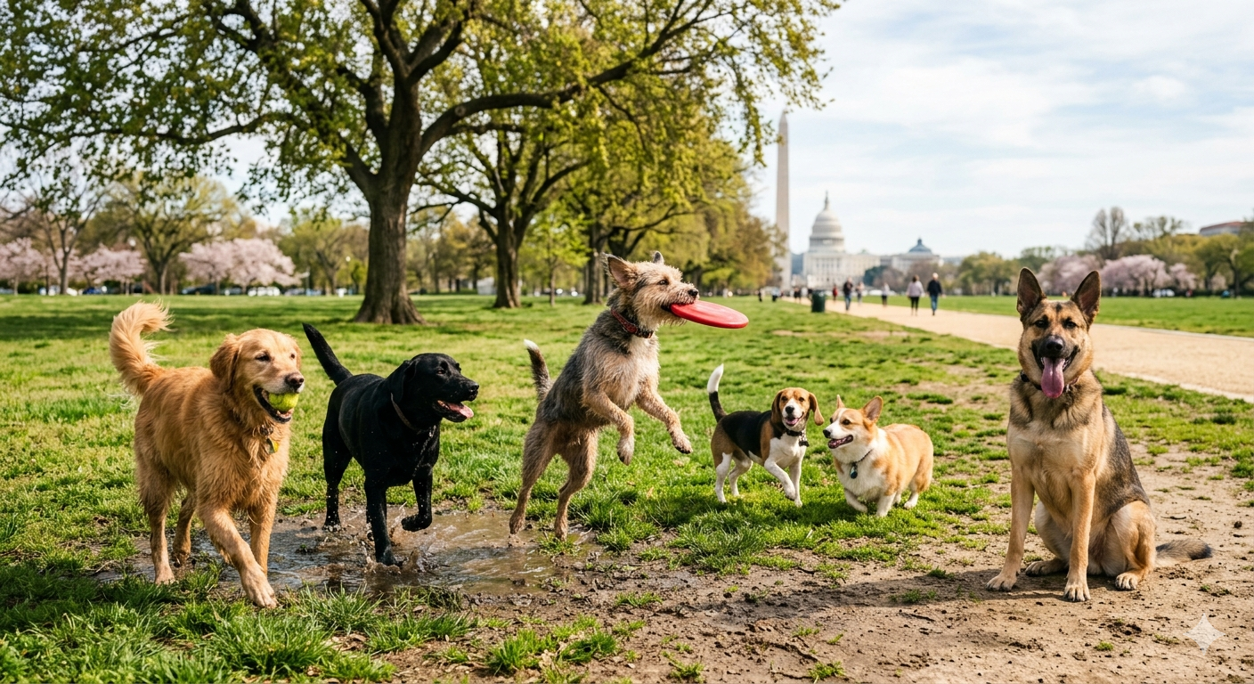 Six dogs playing in a park on a sunny day with cherry blossoms and the Washington Monument in the background.