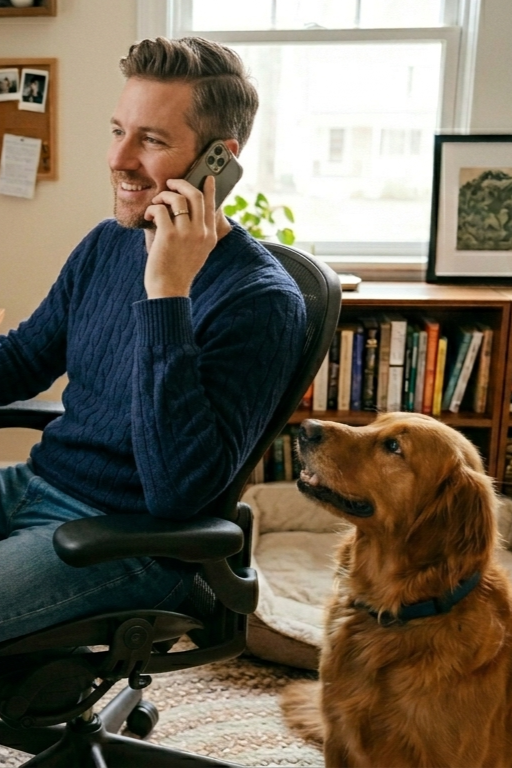 A man talking on the phone while sitting in a chair with a golden retriever beside him in a home office.