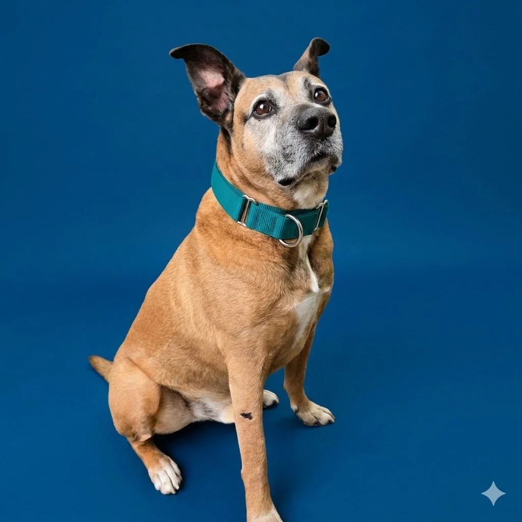 A tan and black mixed breed dog with one ear perked up and the other flopped down, sitting on a blue background, wearing a teal collar.