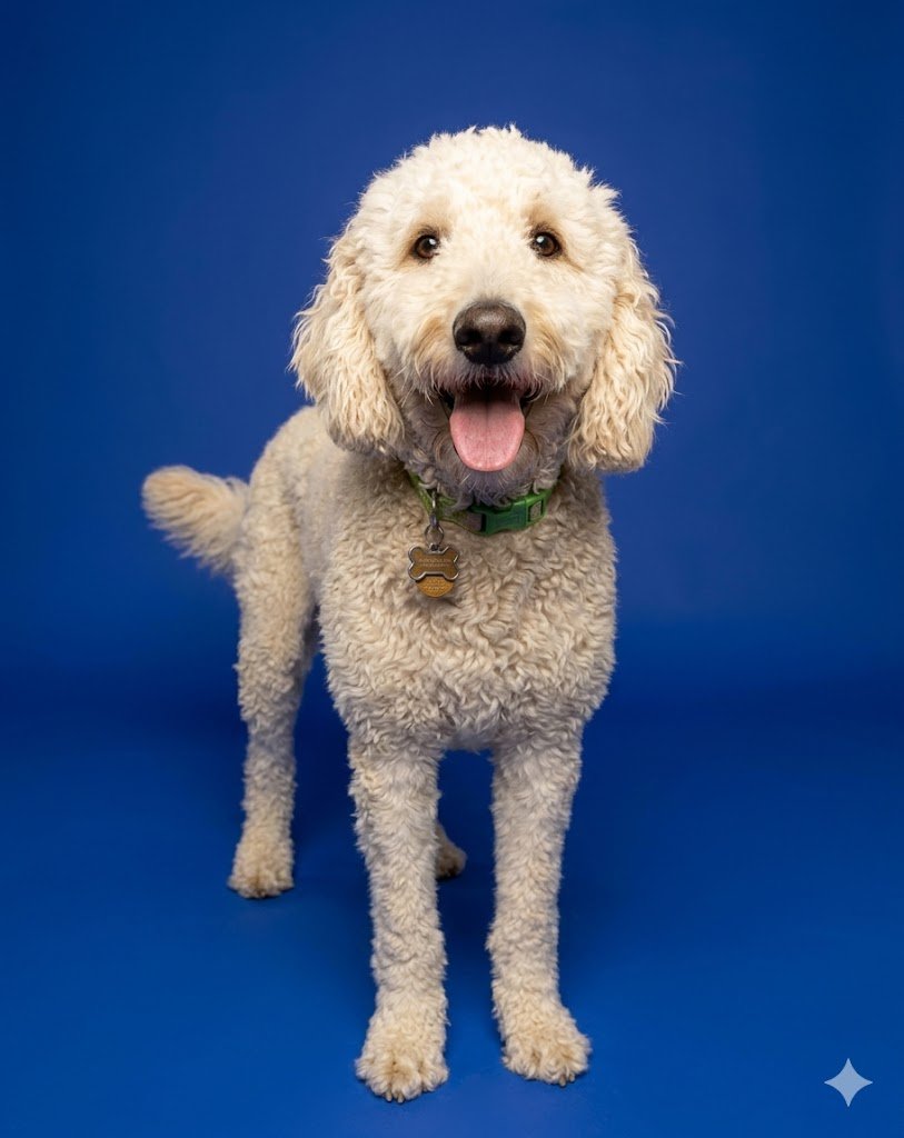 A white, curly-haired dog with a green collar and a bone-shaped tag standing against a blue background, looking at the camera with its tongue out.