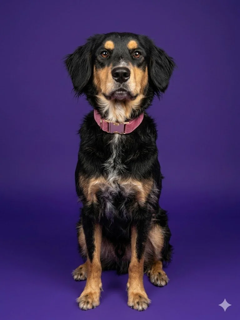 A black and tan dog with floppy ears sitting against a purple background.