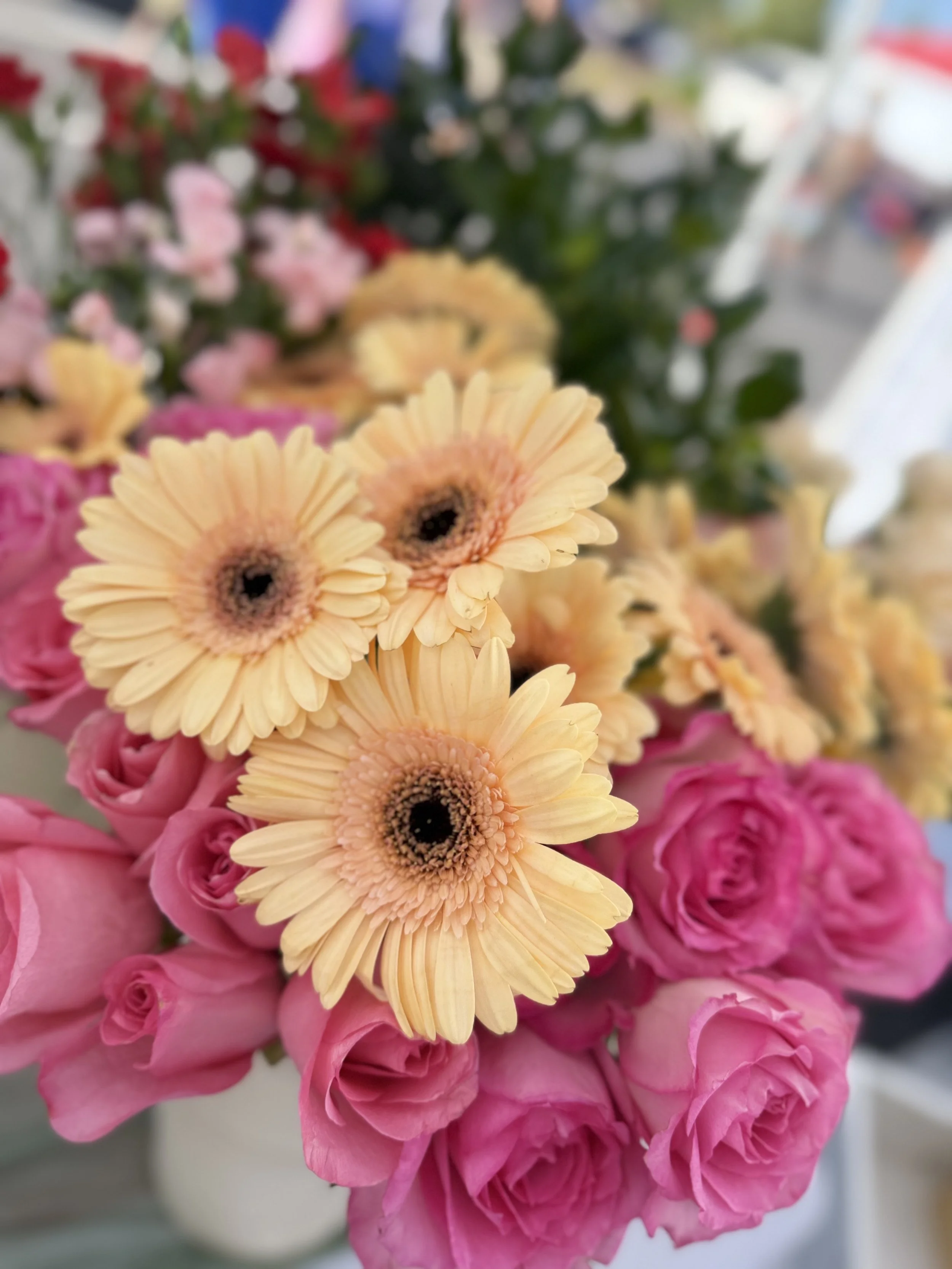 Soft yellow gerberas paired with bright pink roses — a vibrant, cheerful floral close‑up perfect for showcasing fresh market blooms.