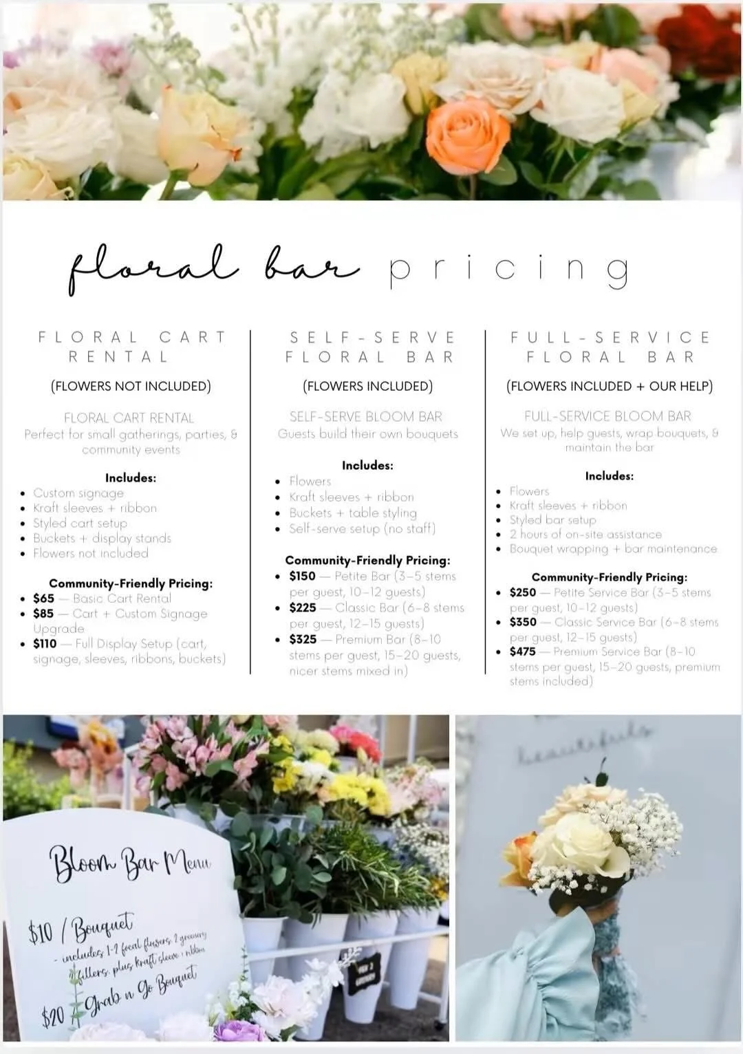 A floral pricing sign with three options: floral cart rental, self-serve floral bar, and full-service floral bar, featuring prices and inclusions, with images of flowers and a person holding a bouquet of flowers.
