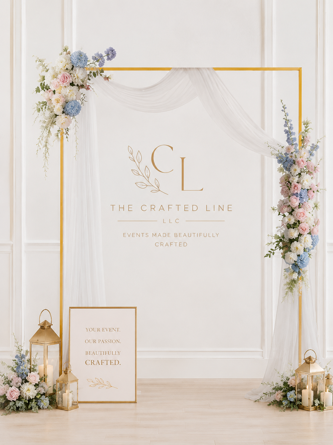 Pastel floral panel backdrop with gold frame and welcome signage in Colorado