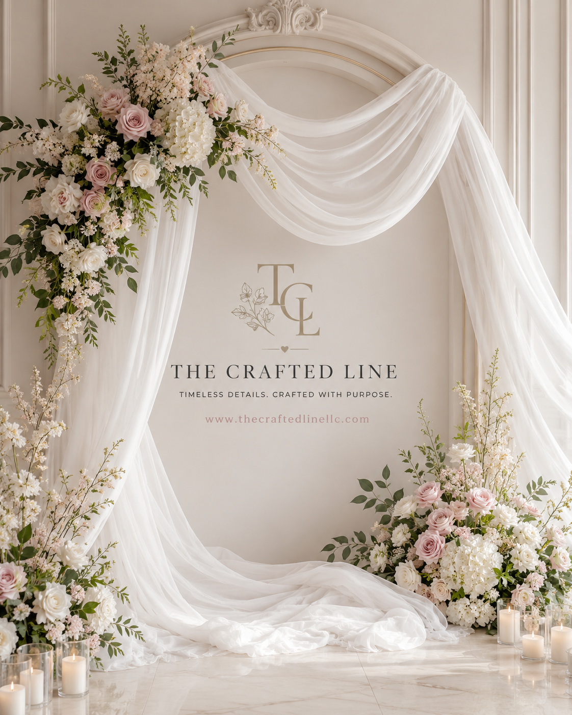 White draped arch with blush florals and branded monogram sign in Colorado