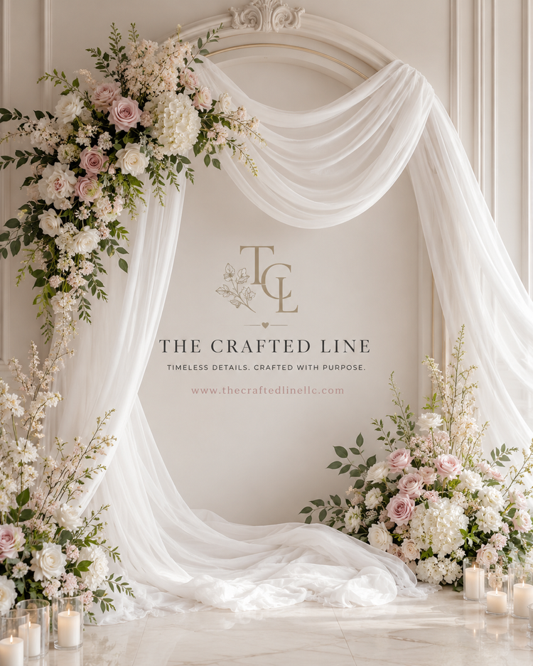 Outdoor wedding arch rental on wooden deck with white drapery roses and greenery by The Crafted Line - Colorado mountain ceremony