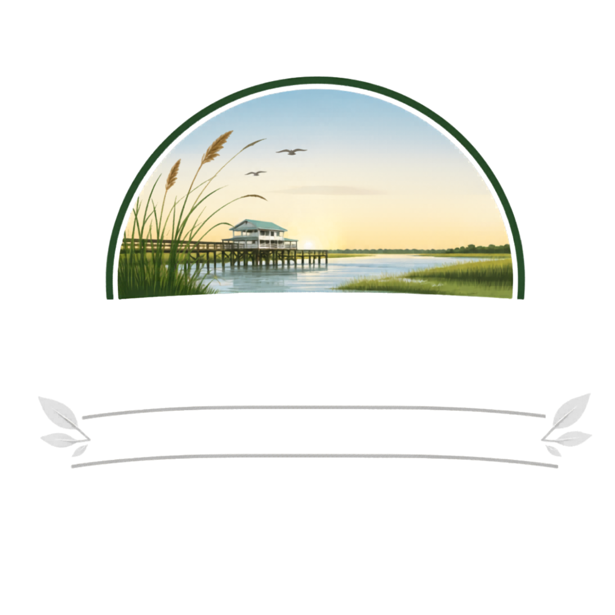 A stylized logo with a circular landscape scene of a river, grass, seagulls, a house, and mountains, framed within a tent shape with green borders, and the words 'Crazy Creek' below.