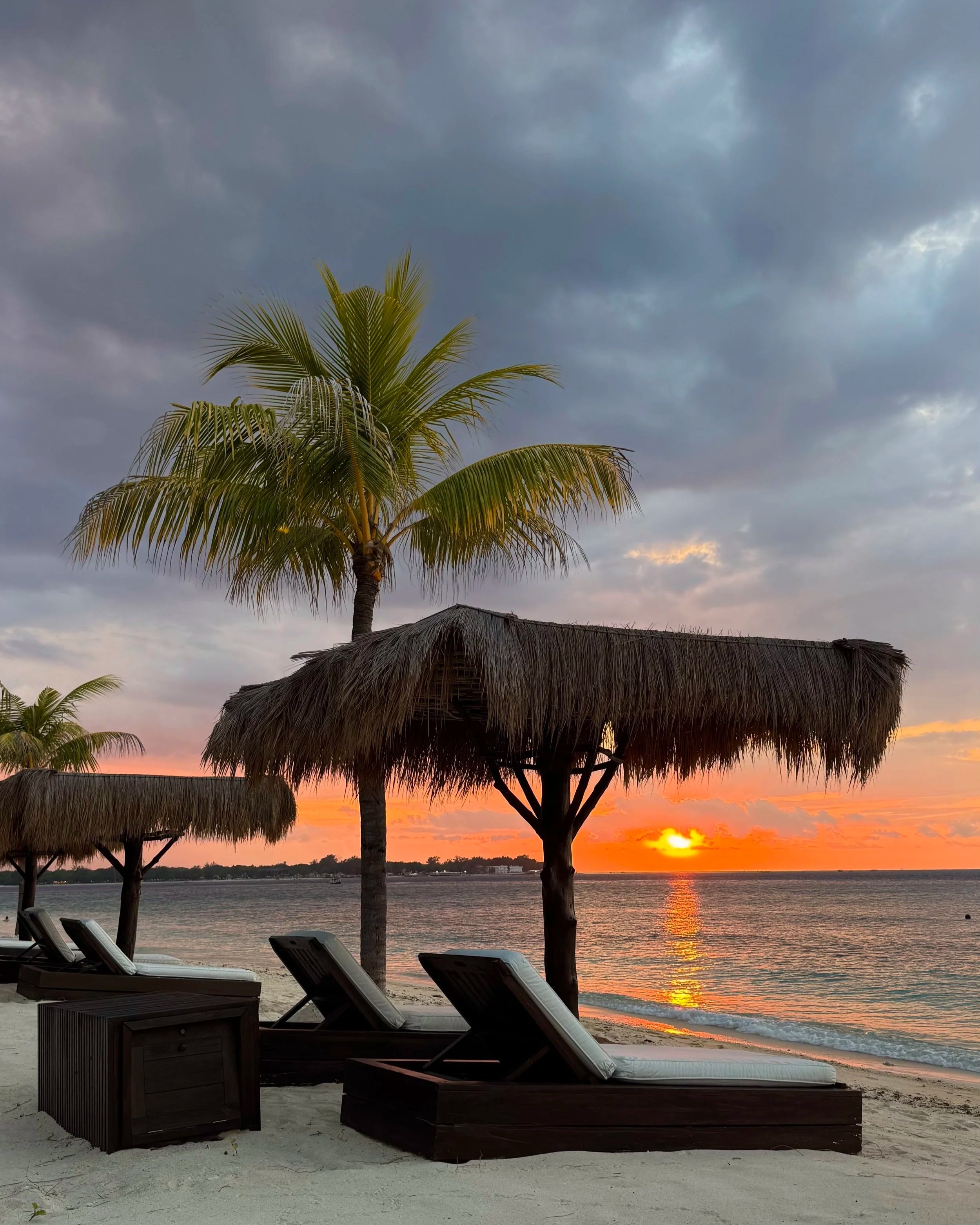 Beach scene at sunset with palm trees, thatched umbrellas, and lounge chairs.