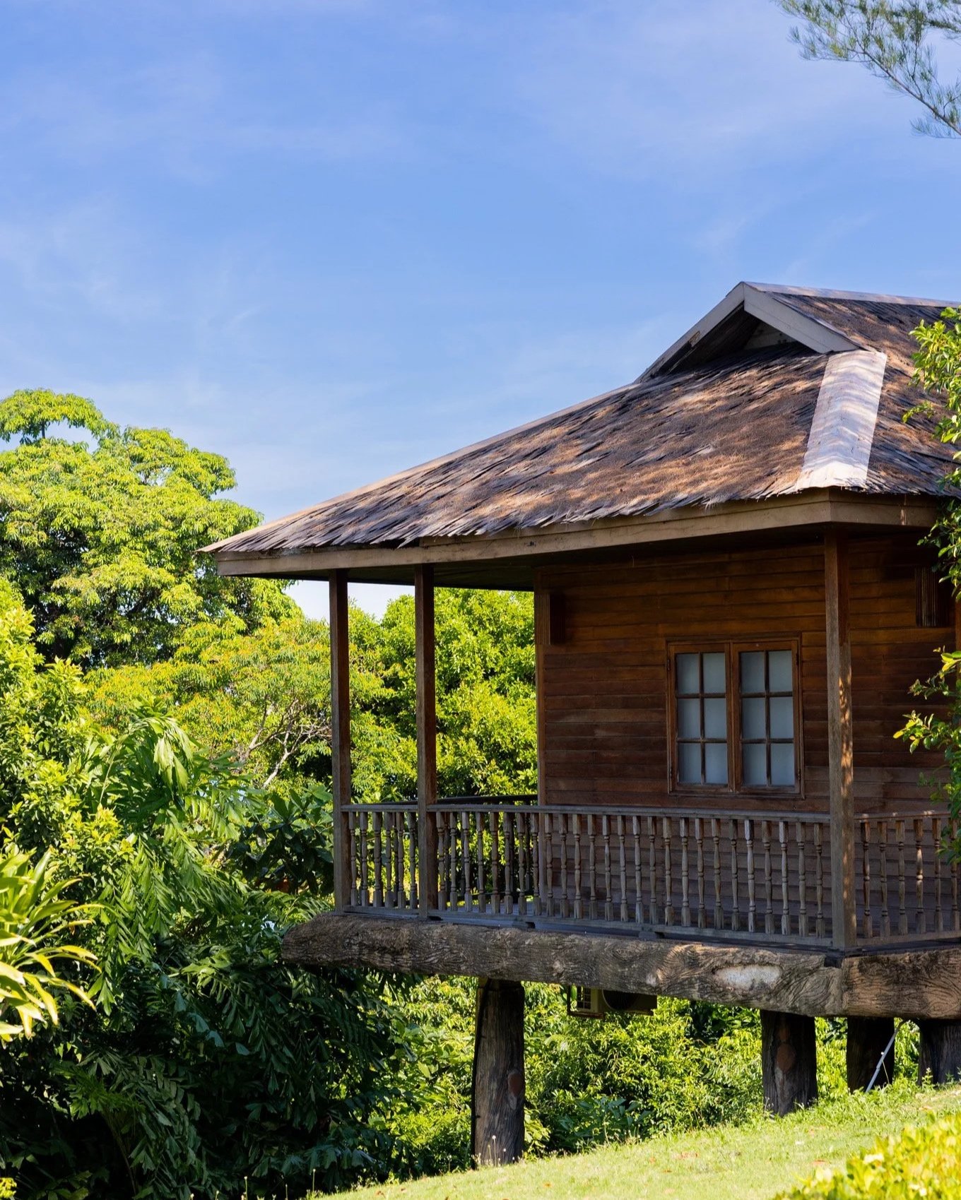 A house with a wooden exterior and a slanted roof in a lush green area with trees and bushes. The house is elevated on stilts and has a small porch with railings.