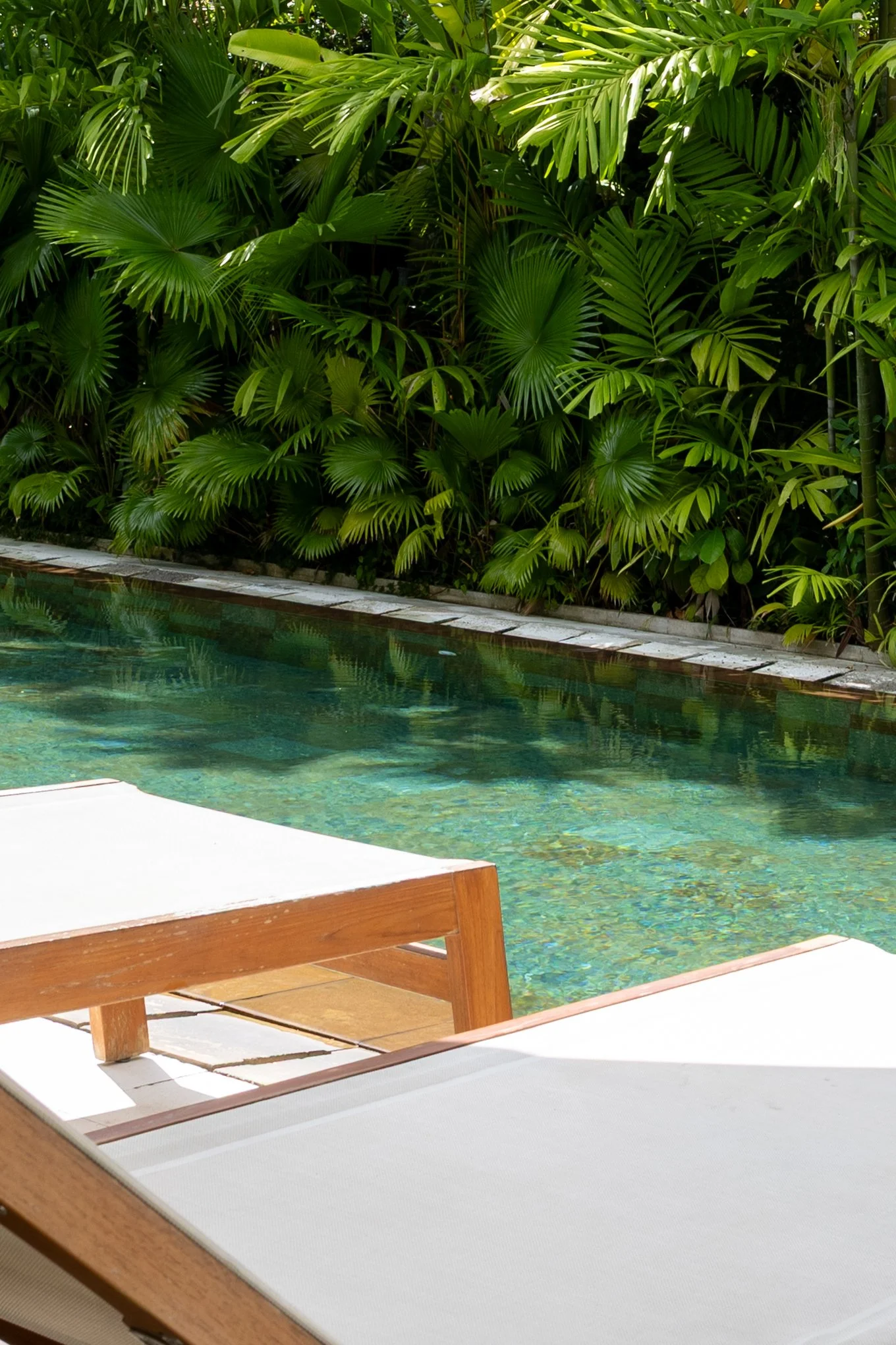 Poolside scene with a wooden lounge chair in the foreground, a pool with clear water, and lush green tropical plants in the background.