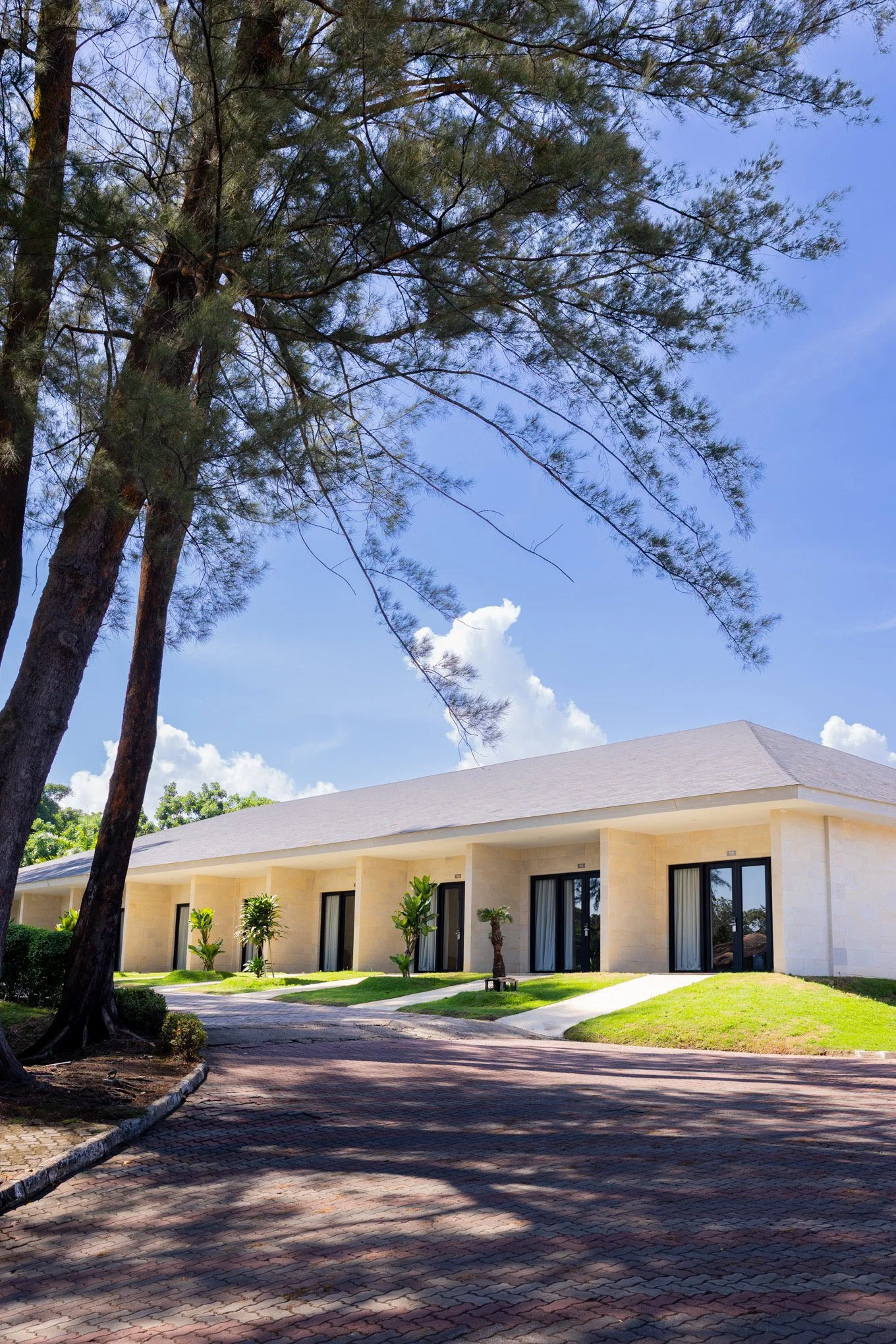 A modern, single-story building with large windows and a flat, slightly sloped roof, sunlight casting shadows on a paved driveway, green lawns, and trees nearby under a bright blue sky with clouds.