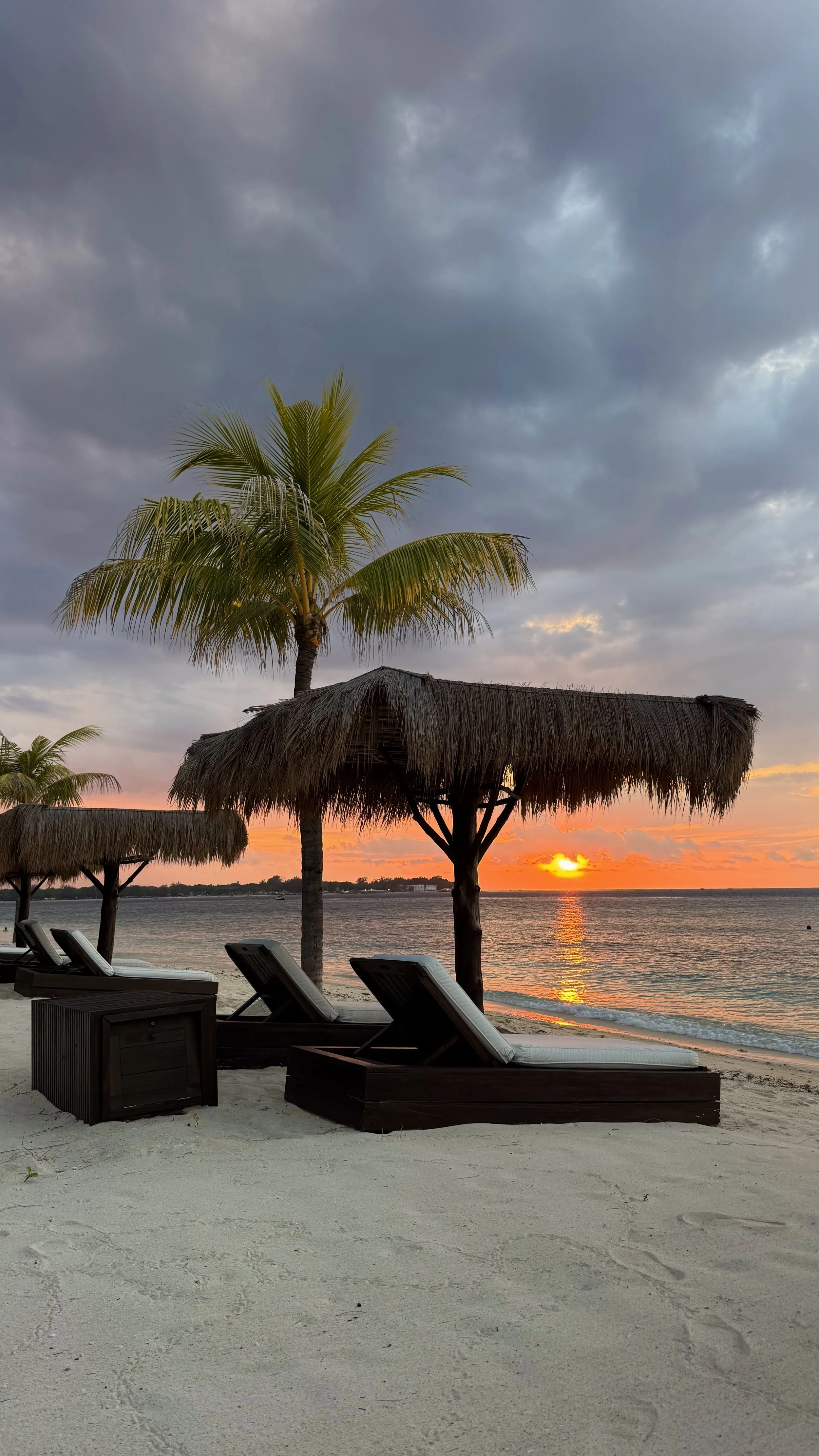 A tropical beach at sunset with palm trees, thatched umbrellas, lounge chairs, and a calm ocean under a partly cloudy sky.