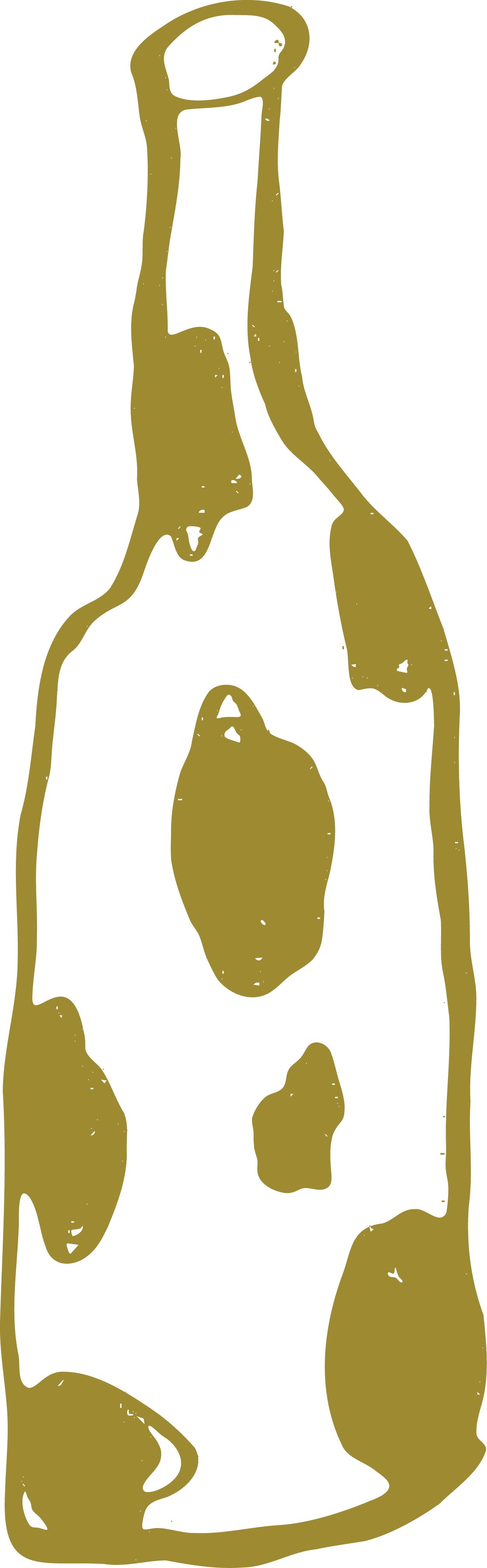 Stylized illustration of a bottle with a camouflage pattern in black and gold.