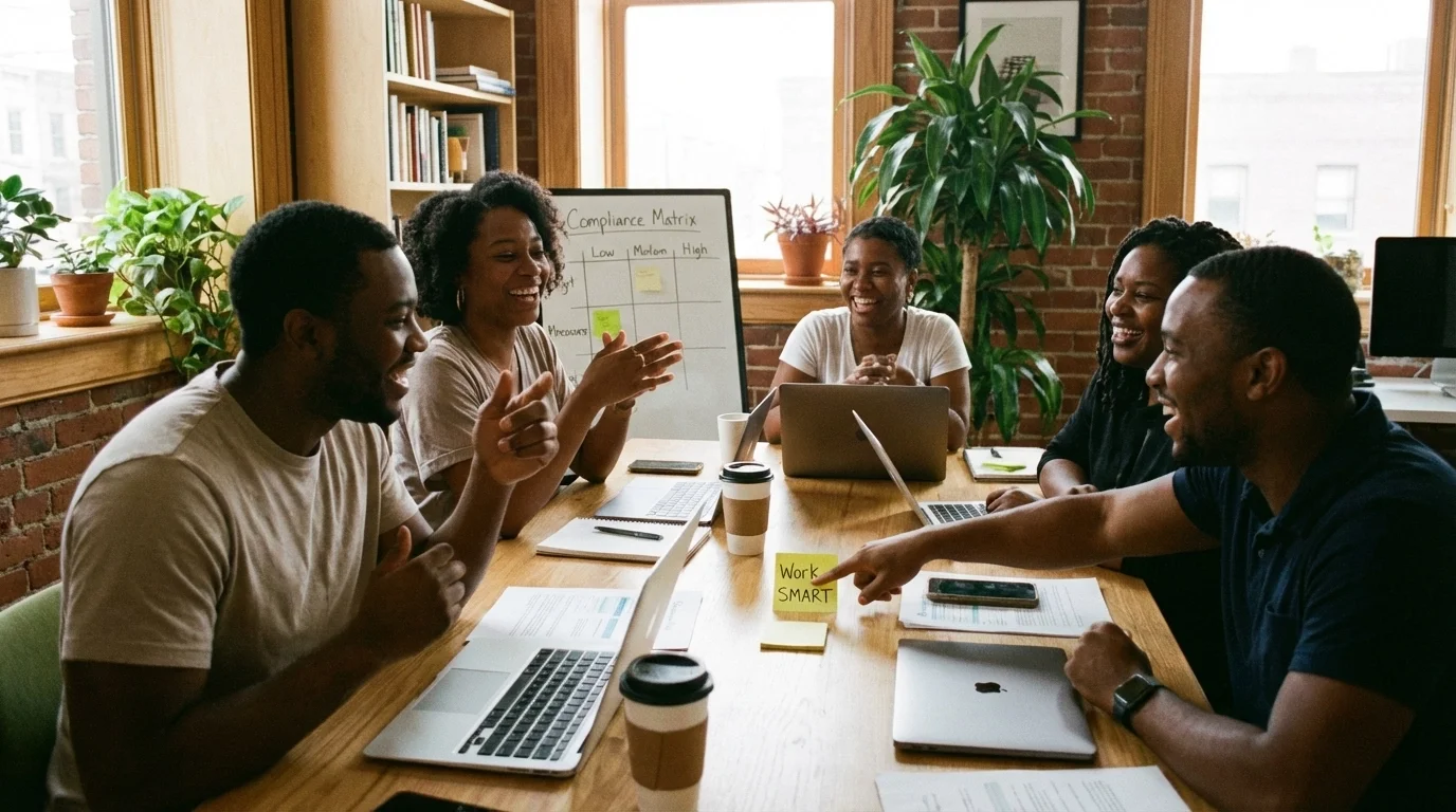 A diverse group of five people sitting around a table in a conference room, smiling and engaging in a discussion, with laptops, tablets, and papers on the table, and a whiteboard with a chart in the background.