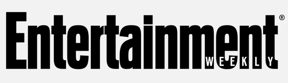 Black text reading 'Entertainment Weekly' with the word 'Weekly' arranged vertically inside the 'E' of 'Entertainment' on a light gray background.