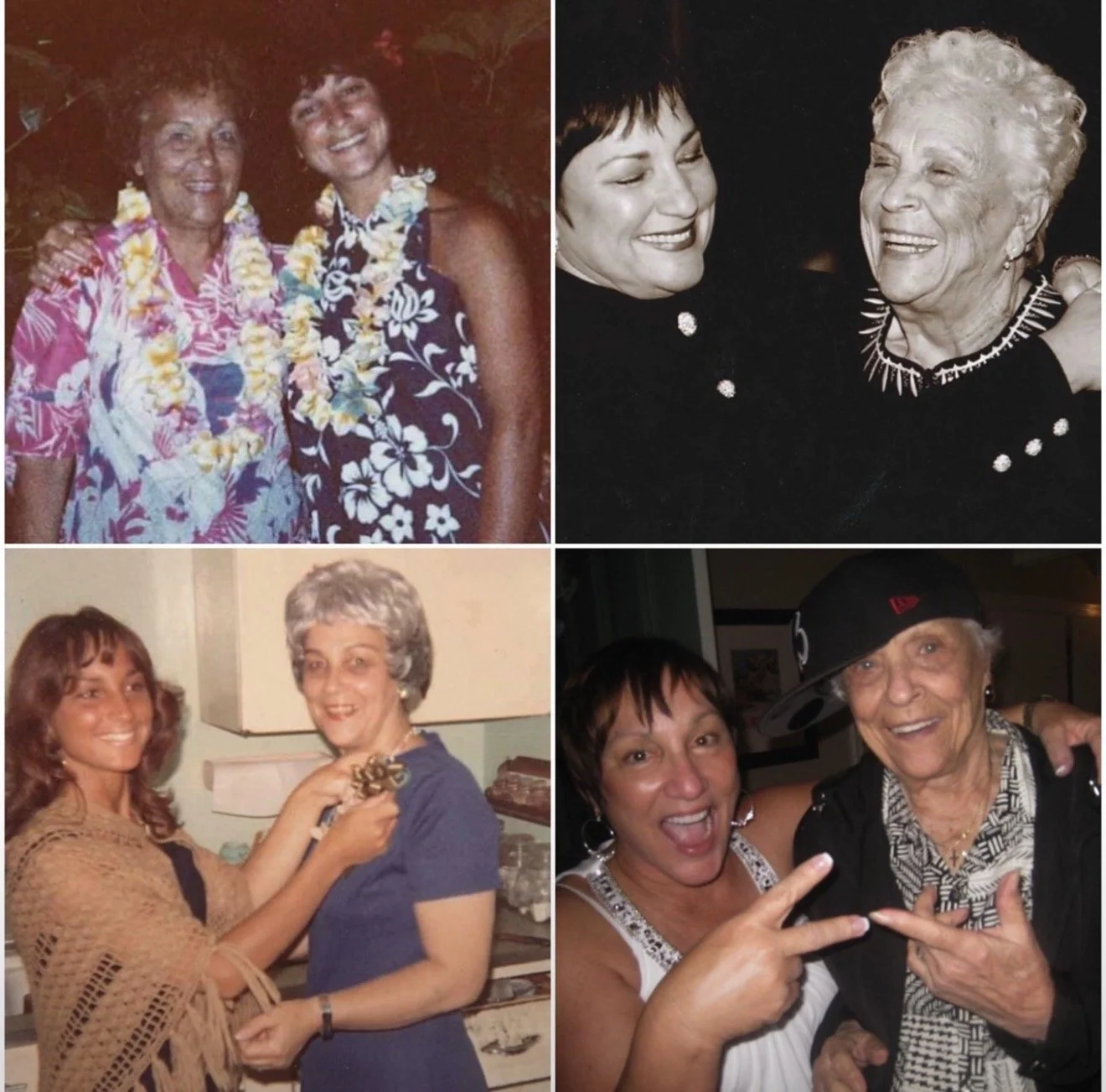 Four photos of women enjoying time together, smiling and hugging in casual settings, some wearing leis and themed clothing.