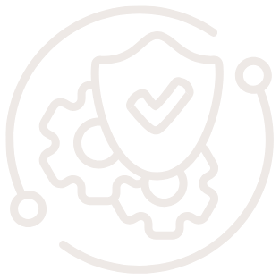 Icon of gears with a shield and checkmark amid circuit lines, symbolizing security or protection in technology.