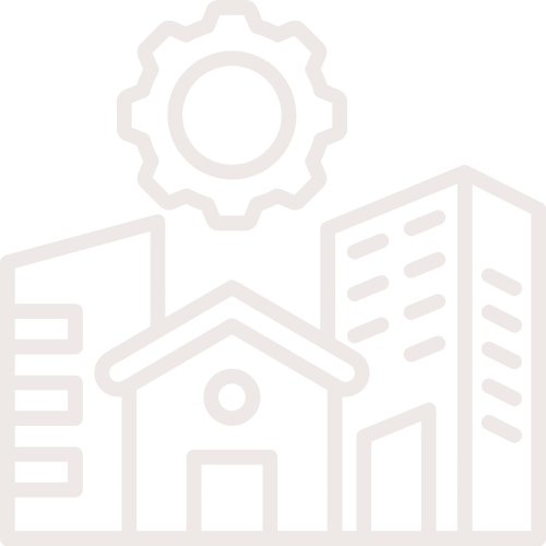 Outline illustration of a cityscape with a house in the center, surrounded by tall buildings, and a gear at the top.