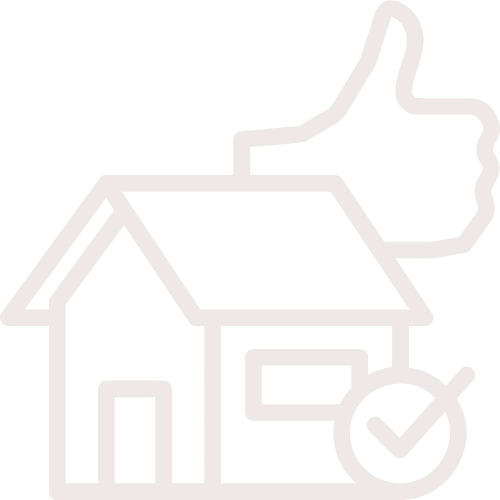 Outline of a house with a check mark and a thumbs up symbol in the background.