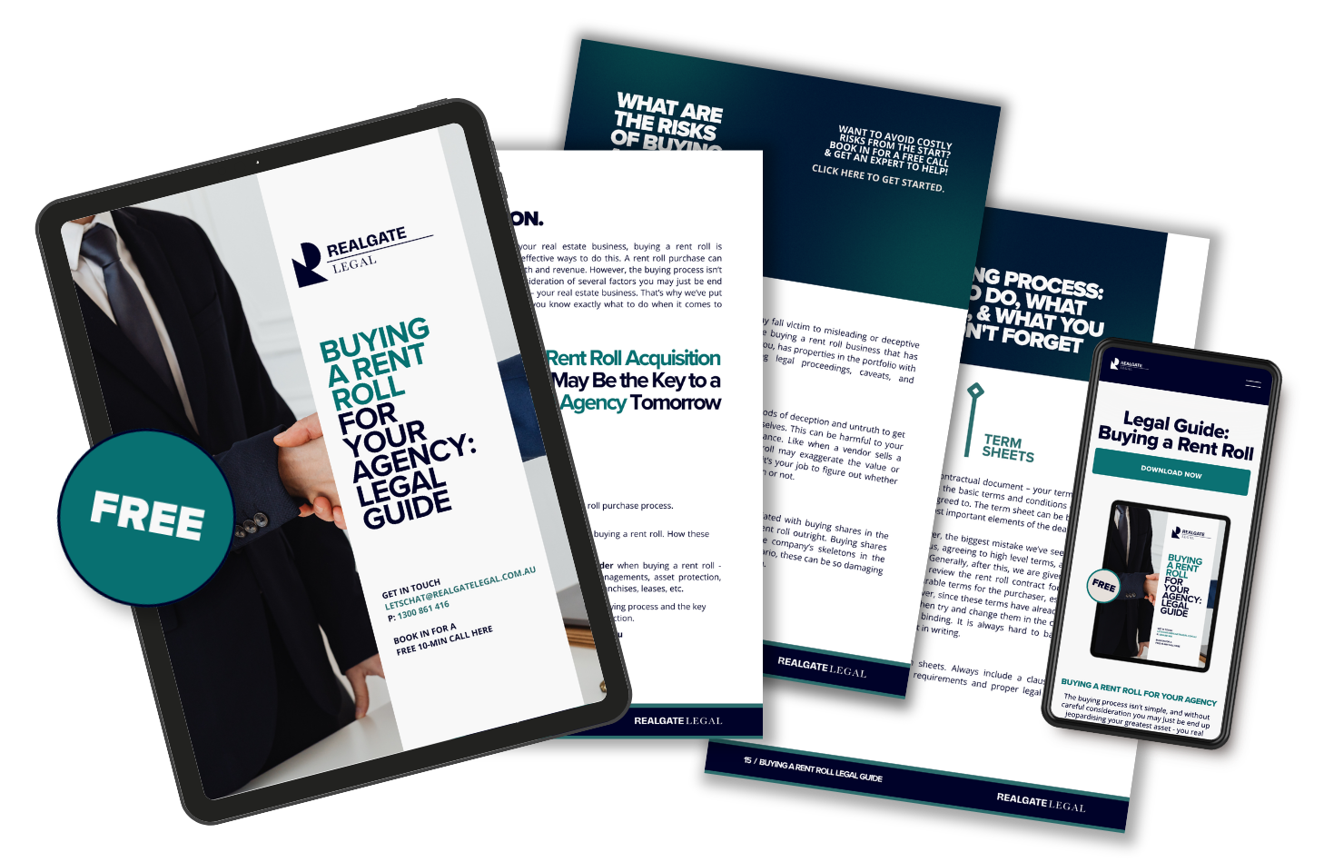 Multiple digital screens and printed pages displaying a legal guide titled 'Buying a Rent Roll for Your Agency: Legal Guide,' with a professional handshake image and instructions for acquiring a rent roll.