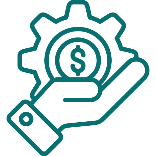 Outline of a hand holding a coin with a dollar sign, in front of a gear, representing financial technology or investment.