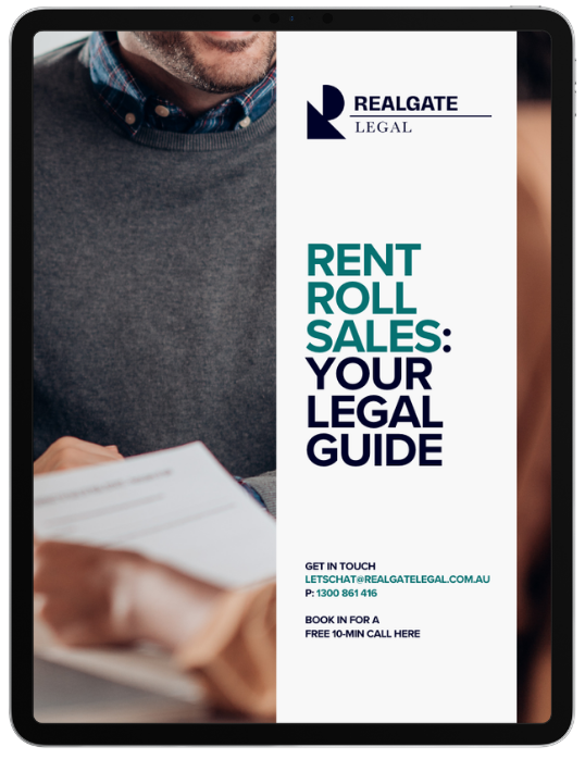 Digital tablet displaying a legal guide for rent roll sales from Realgate Legal, including contact information and a call for a free consultation.