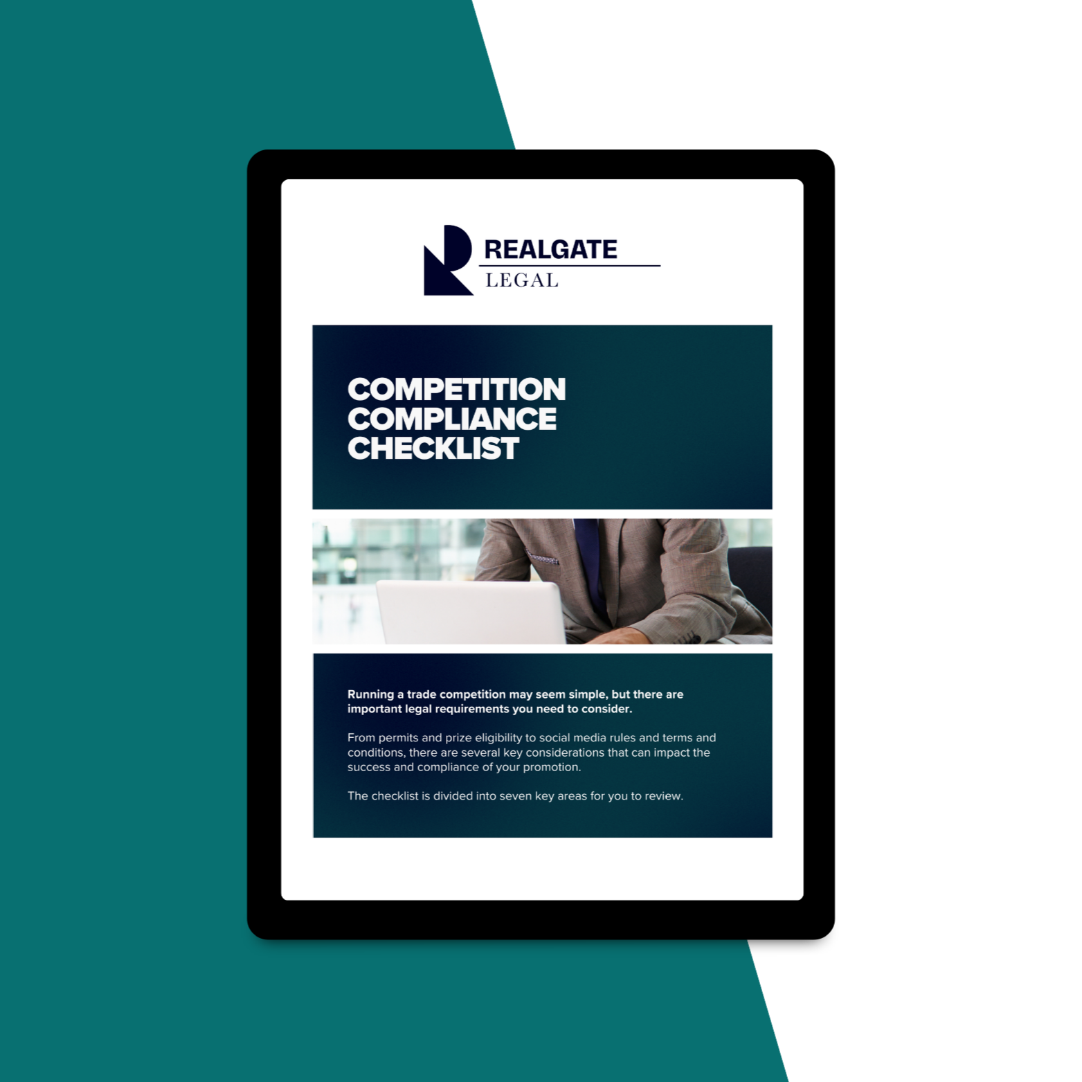 A digital screen displaying a legal competition compliance checklist guide from RealGate Legal, including text and an image of a person in a suit sitting at a desk with a laptop.