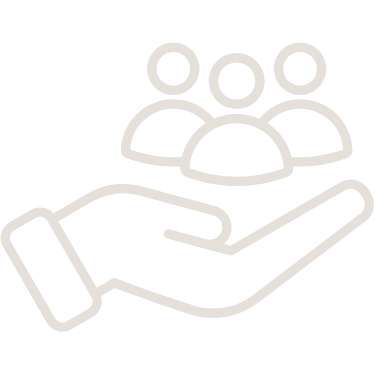 An icon of a hand holding three people figures, symbolizing support or teamwork.