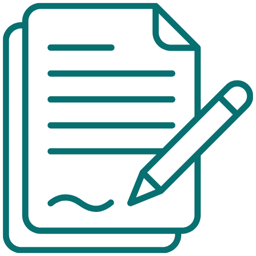 Icon of a sheet of paper with lines and a folded corner, with a pen writing on it.