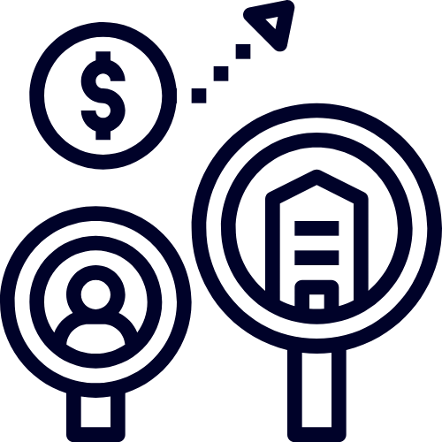 Outline of a magnifying glass with a server icon inside, a dollar sign with a dotted arrow pointing towards it, and a person icon with a dotted arrow pointing towards a target.